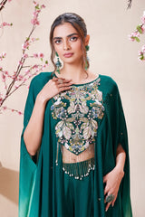 Bottel Green Ombre Crepe Silk Embroidered Detailling Cape Style Crop Top Palazzo Set