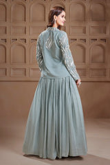 Sage Green Georgette Embellished Crop Top Lehenga with Blazer Jacket