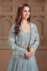 Sage Green Georgette Embellished Crop Top Lehenga with Blazer Jacket