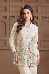 Cream Shimmer Tissue Embroidery and Metalic Work Co-Ord Set