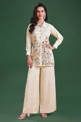 Cream Shimmer Tissue Embroidery and Metalic Work Co-Ord Set