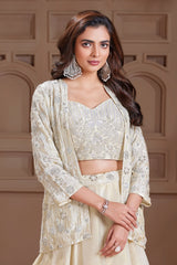 Cream Tissue Sequin Cutdana Crop Top Lehenga with Jacket