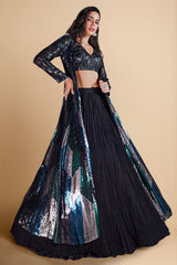 Black Net Sequinned Crop Top Lehenga with Long Jacket