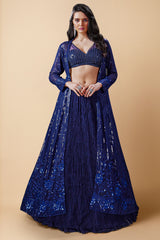 Blue Net Crop Top Lehenga with Sequinned Embroidered Long Jacket