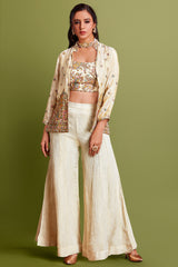 Cream Chinon Silk Embroidered Crop Top Palazzo with Jacket