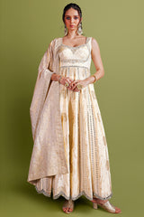 Cream Shimmer Tissue Zari Woven and Mirror Beaded Worked Anarkali Suit