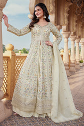 Ivory Cream Chinon Silk Floral Embroidered and Sequin Worked Slit Cut Palazzo Suit