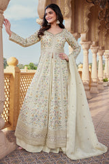 Ivory Cream Chinon Silk Floral Embroidered and Sequin Worked Slit Cut Palazzo Suit