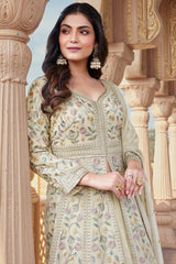 Ivory Cream Chinon Silk Floral Embroidered and Sequin Worked Slit Cut Palazzo Suit