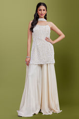 Pearl White Net Sequinned Palazzo Suit