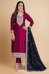 Wine Viscose Sequin Worked Straight Cut Suit