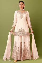 Cream Georgette Sequin Embroidered Palazzo Suit