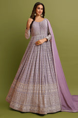 Lilac Purple Chinon Silk Zari Embroidered and Sequin Work Designer Anarkali Suit