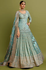 Tiffany Blue Tissue Silk Designer Mirror and Bead Worked Lehenga Suit