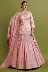 Cameo Pink Tissue Zari Woven and Mirror Worked Lehenga Suit