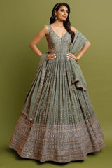 Olive Green Chinon Crepe Sequin Embroidery Anarkali Suit