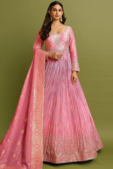 Pink Tissue Pleated Designer Embroidered Anarkali Suit