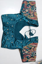 Teal Blue Gaji Silk Woven Saree with Handworked Readymade Blouse