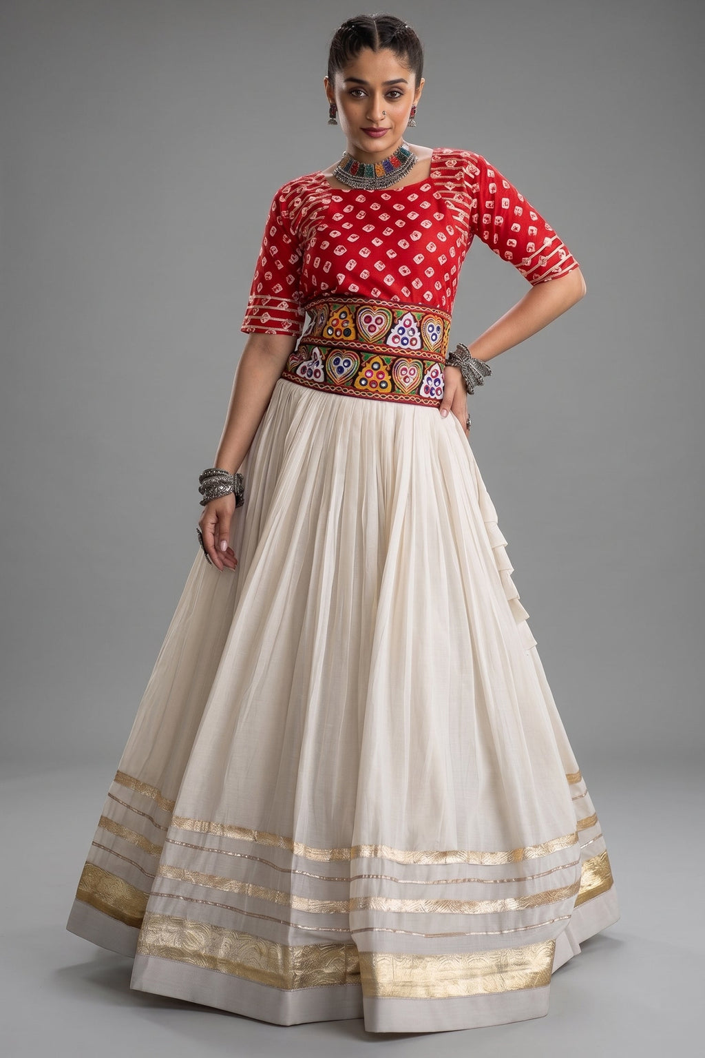 White Cotton Chaniya with Bandhej and Kachchi Worked Choli
