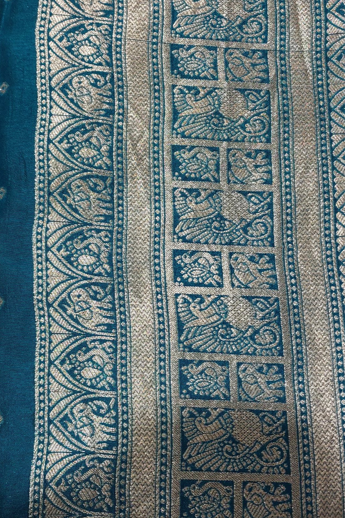 Teal Blue Gaji Silk Woven Saree with Handworked Readymade Blouse
