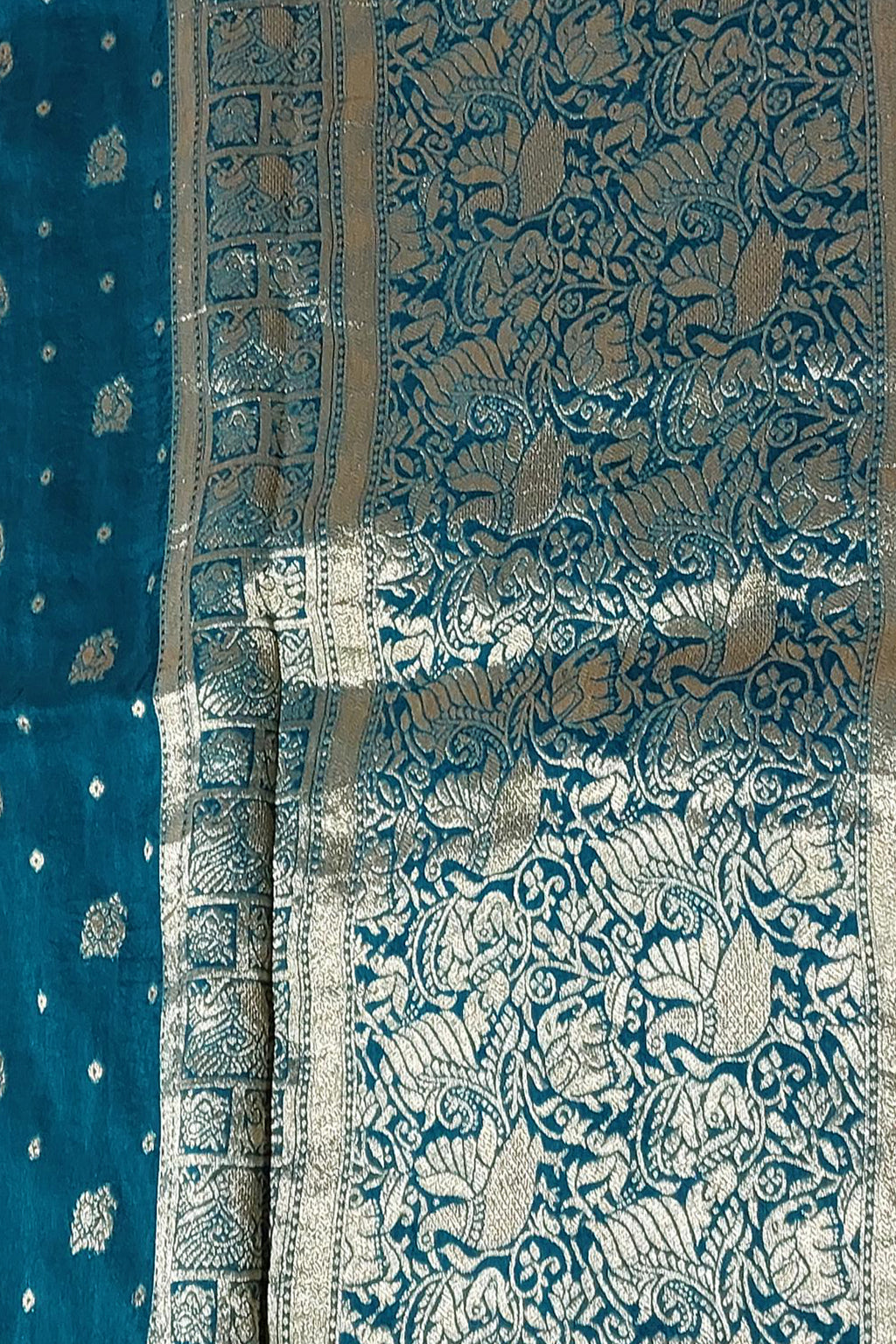 Teal Blue Gaji Silk Woven Saree with Handworked Readymade Blouse