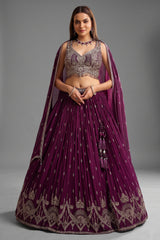 Wine Purple Georgette Sequin Embroidered Pleated Flared Lehenga