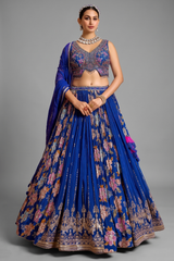 Blue Crepe Silk Floral Printed and Sequin Worked Flared Lehenga