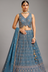 Carolina Blue Chinon Georgette Sequin and Zari Embroidered Flared Lehenga