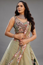 Green Net Designer Floral Embroidery and Sequin Worked Flared Lehenga
