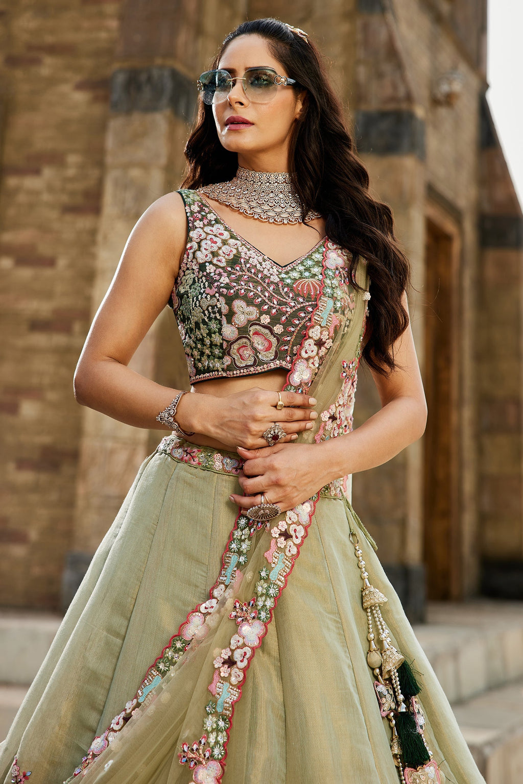 Green Net Designer Floral Embroidery and Sequin Worked Flared Lehenga