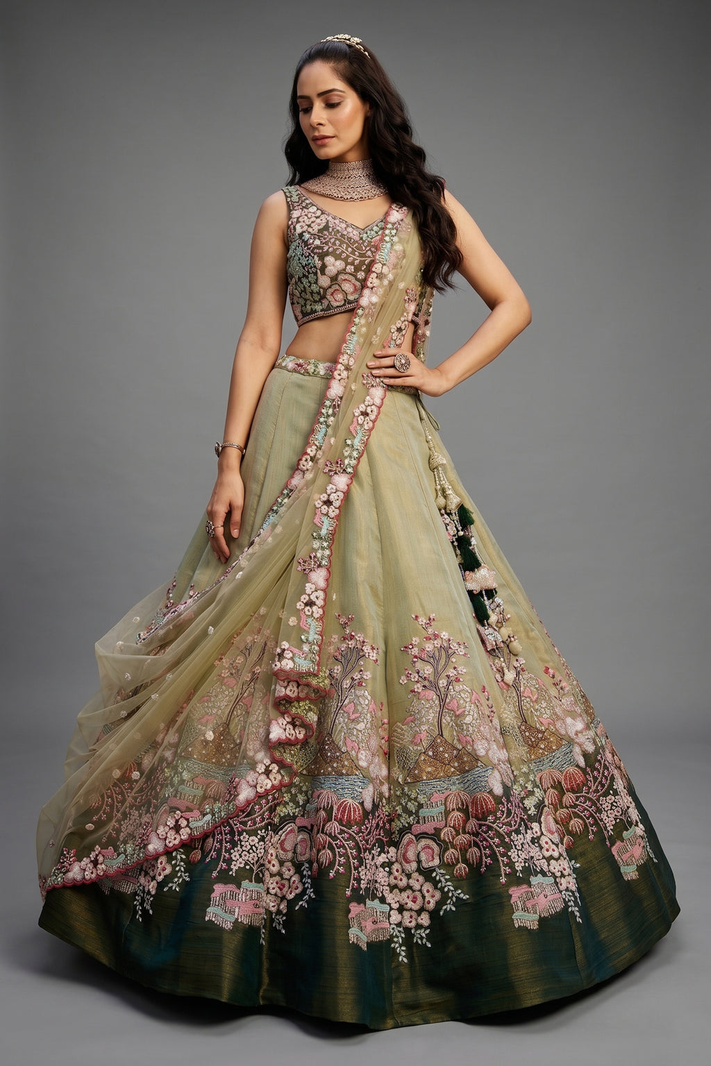 Green Net Designer Floral Embroidery and Sequin Worked Flared Lehenga