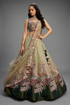 Green Net Designer Floral Embroidery and Sequin Worked Flared Lehenga