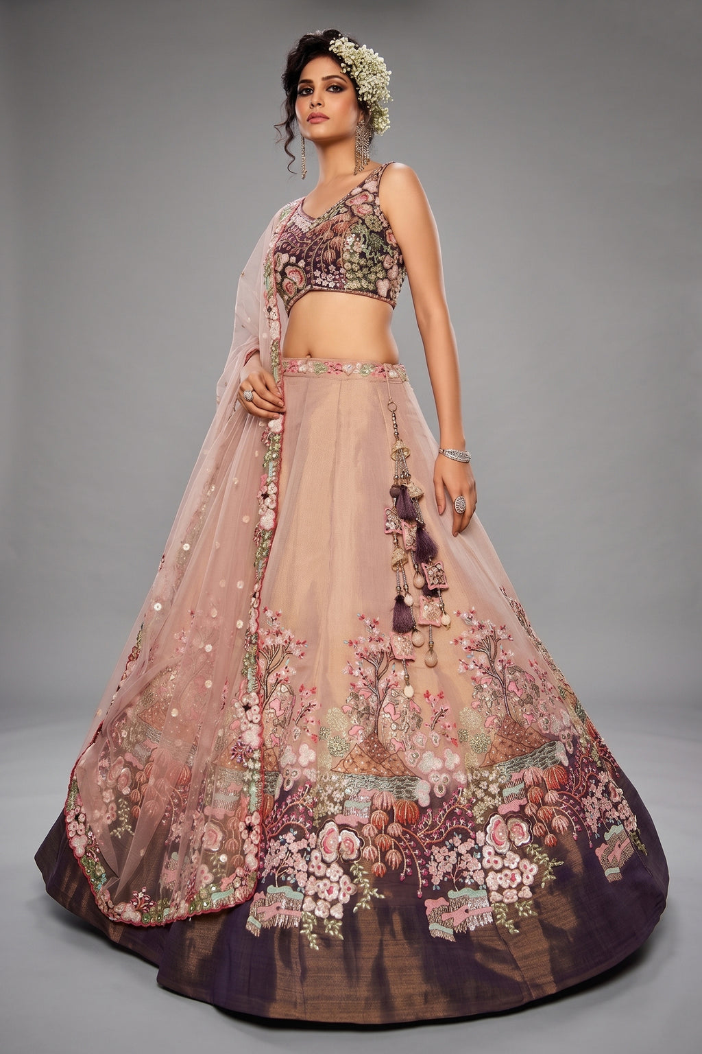 Faded Peach Net Designer Floral Embroidery and Sequin Work Lehenga with Contrast Border