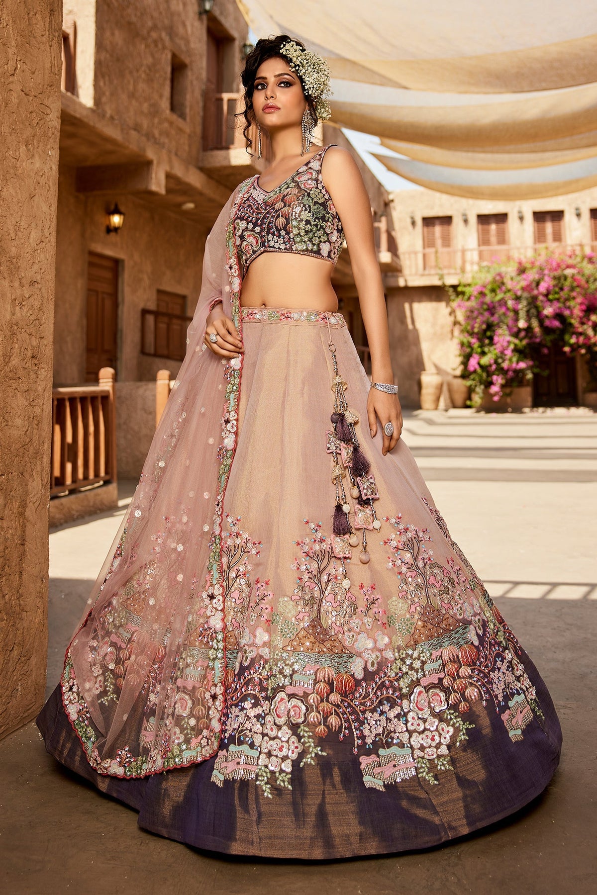 Faded Peach Net Designer Floral Embroidery and Sequin Work Lehenga with Contrast Border