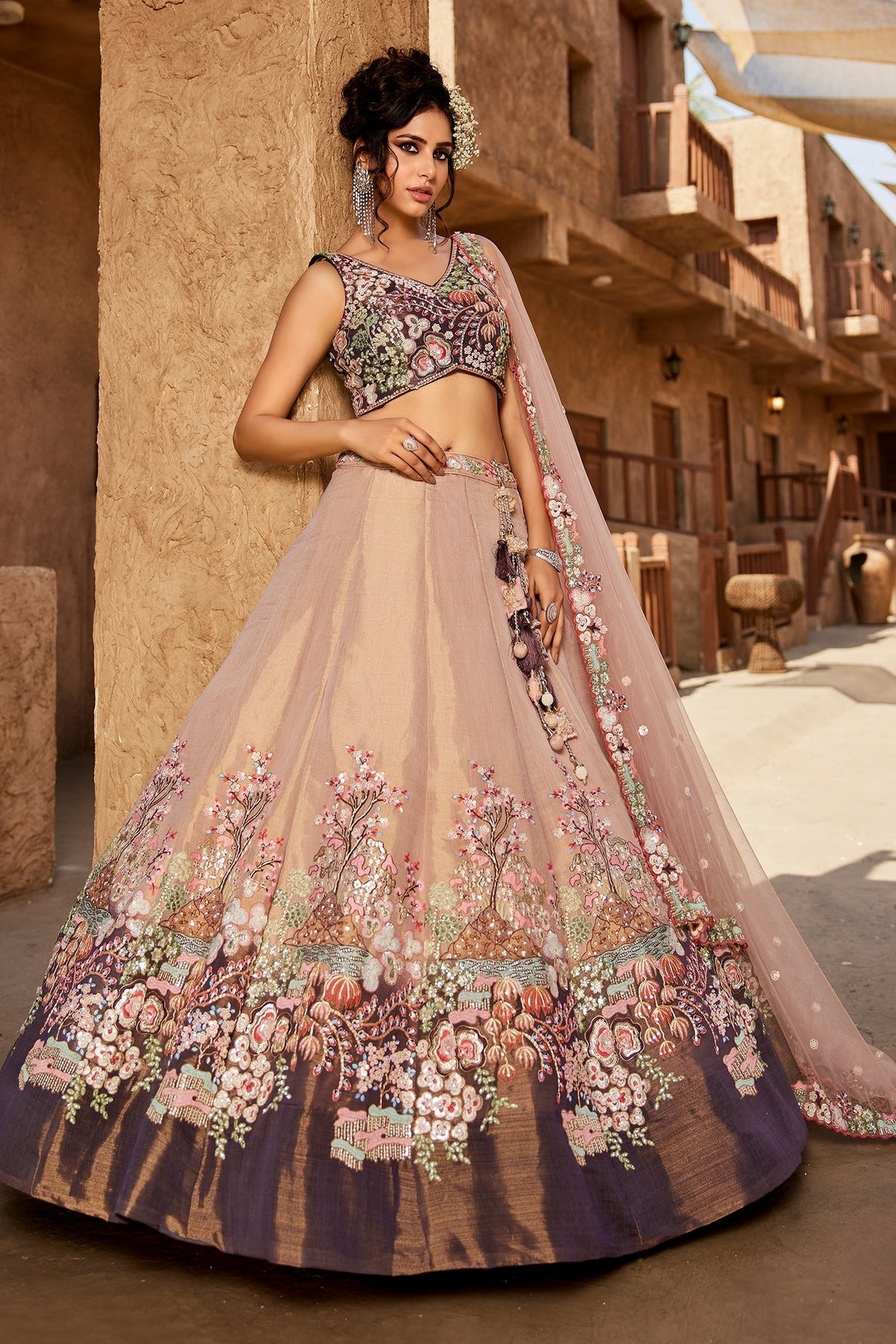 Faded Peach Net Designer Floral Embroidery and Sequin Work Lehenga with Contrast Border