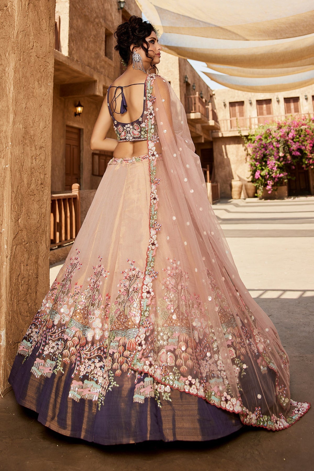 Faded Peach Net Designer Floral Embroidery and Sequin Work Lehenga with Contrast Border