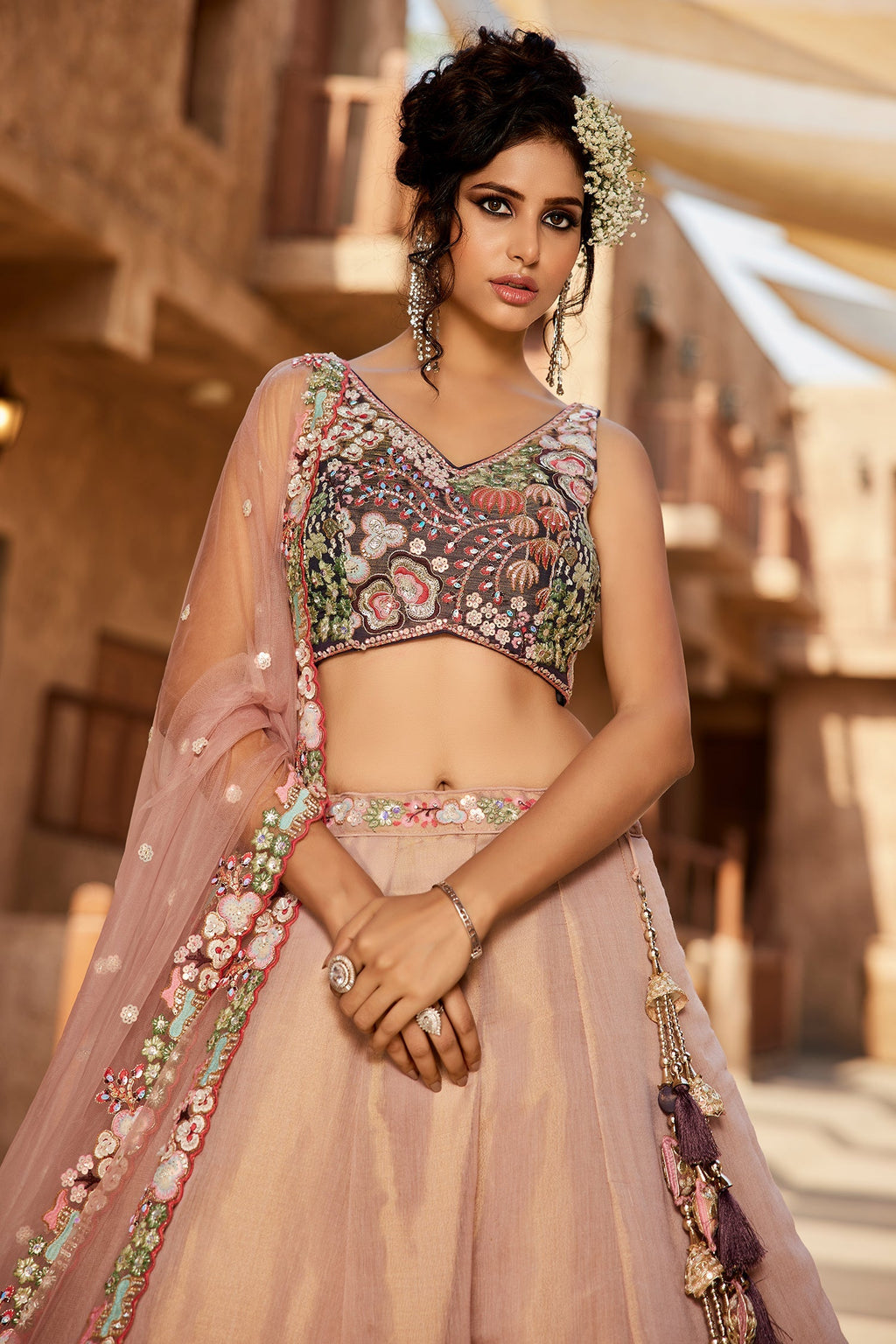 Faded Peach Net Designer Floral Embroidery and Sequin Work Lehenga with Contrast Border