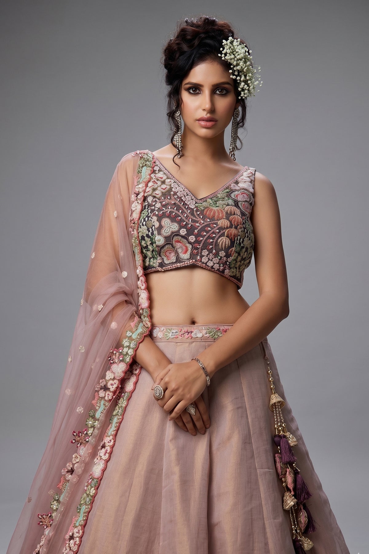 Faded Peach Net Designer Floral Embroidery and Sequin Work Lehenga with Contrast Border