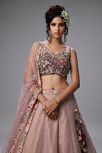 Faded Peach Net Designer Floral Embroidery and Sequin Work Lehenga with Contrast Border