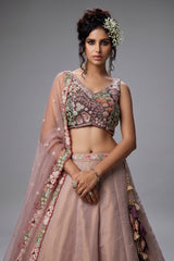 Faded Peach Net Designer Floral Embroidery and Sequin Work Lehenga with Contrast Border