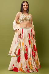 Off White Crepe Silk Floral Printed Pleated Lehenga with Heltar Neck Blouse