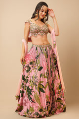 Pink Satin Crepe Silk Printed Flared Lehenga with Handowrk Scalloped Neckline Blouse