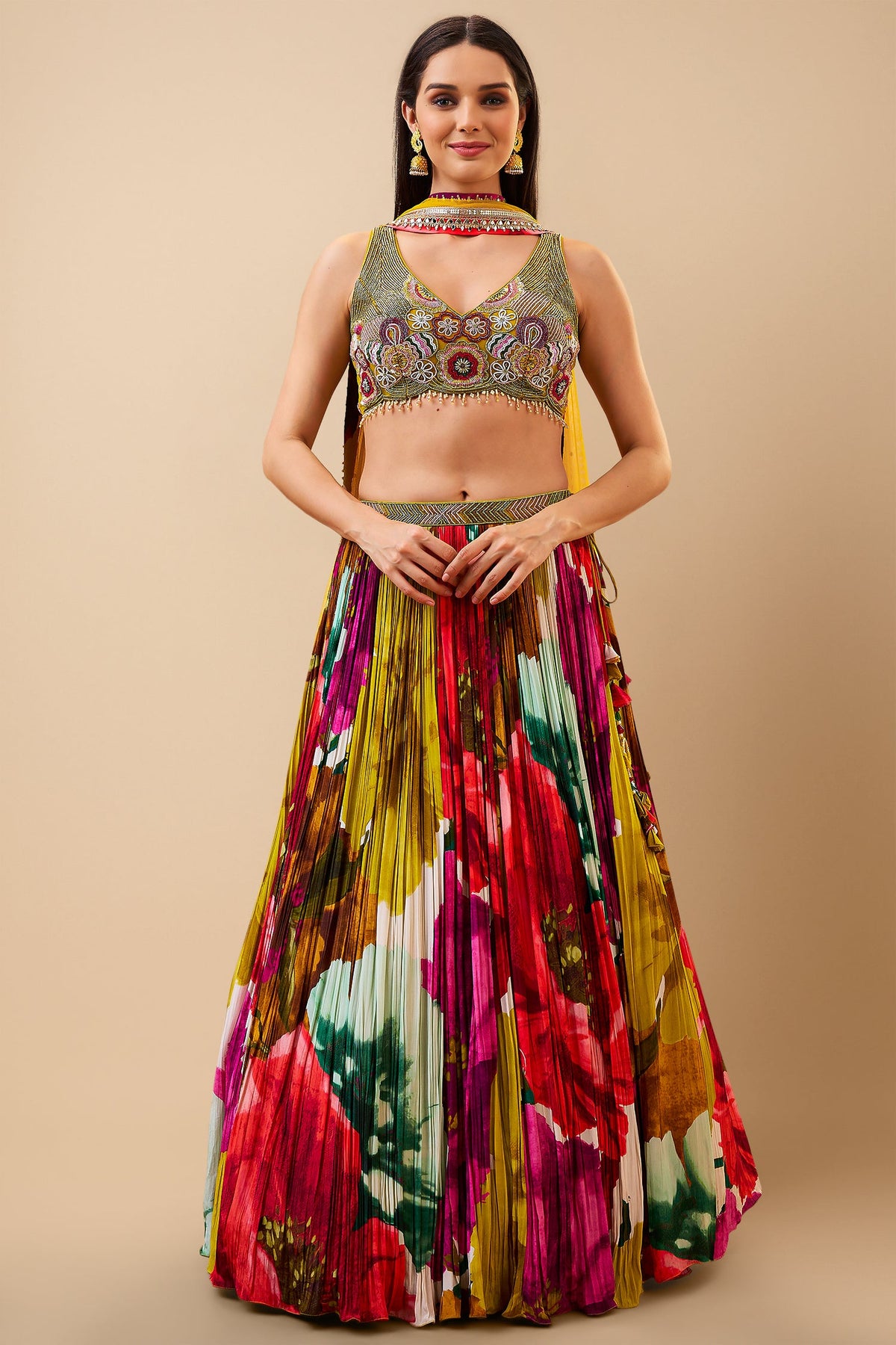 Multi Colored Flared Floral Printed Lehenga with V Neck Blouse