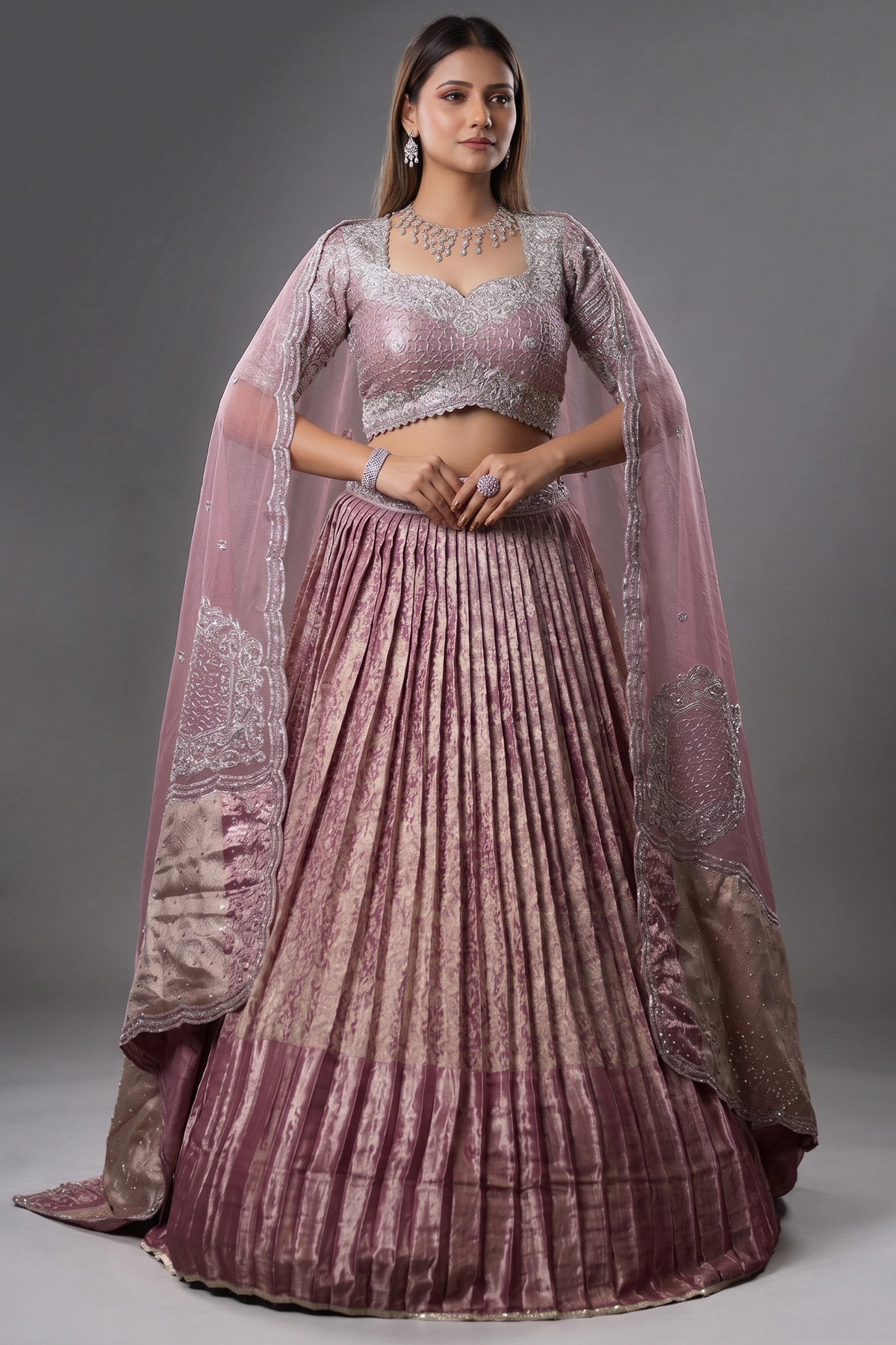 Dusty Mauve Tissue Pleated Lehenga