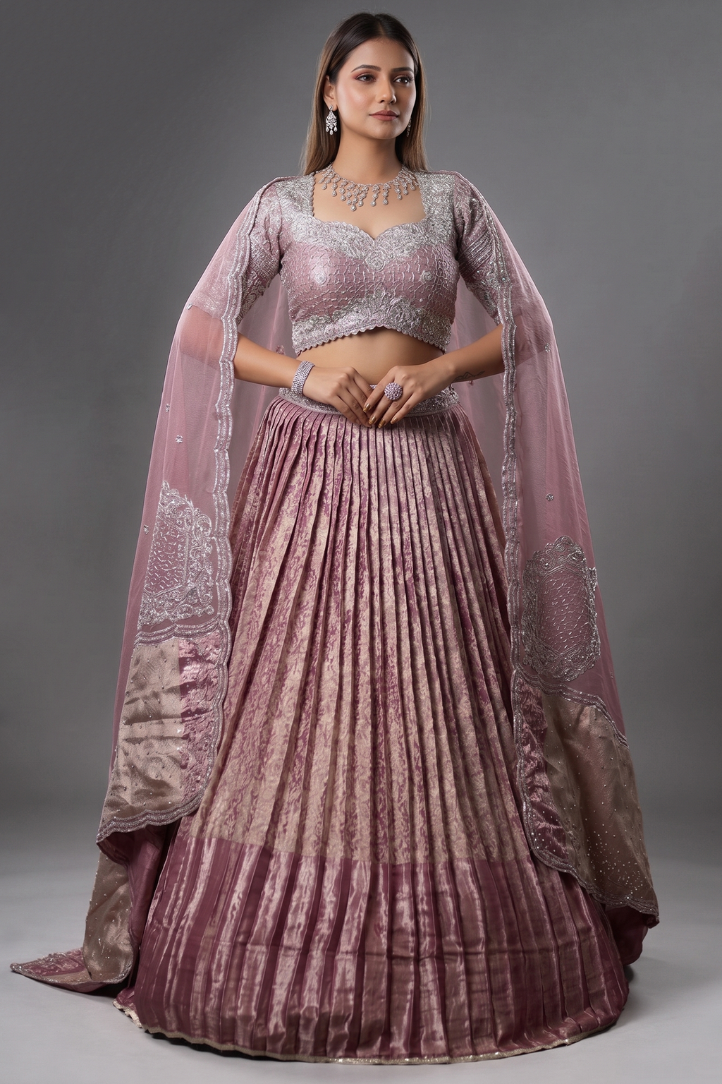Dusty Mauve Tissue Pleated Lehenga