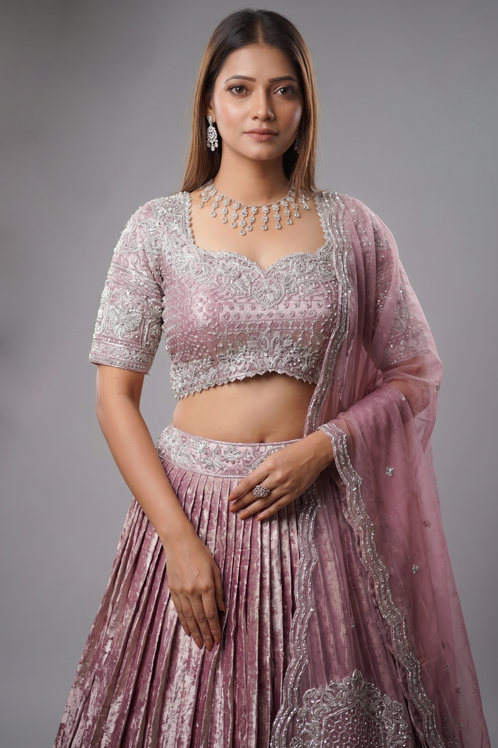 Dusty Mauve Tissue Pleated Lehenga