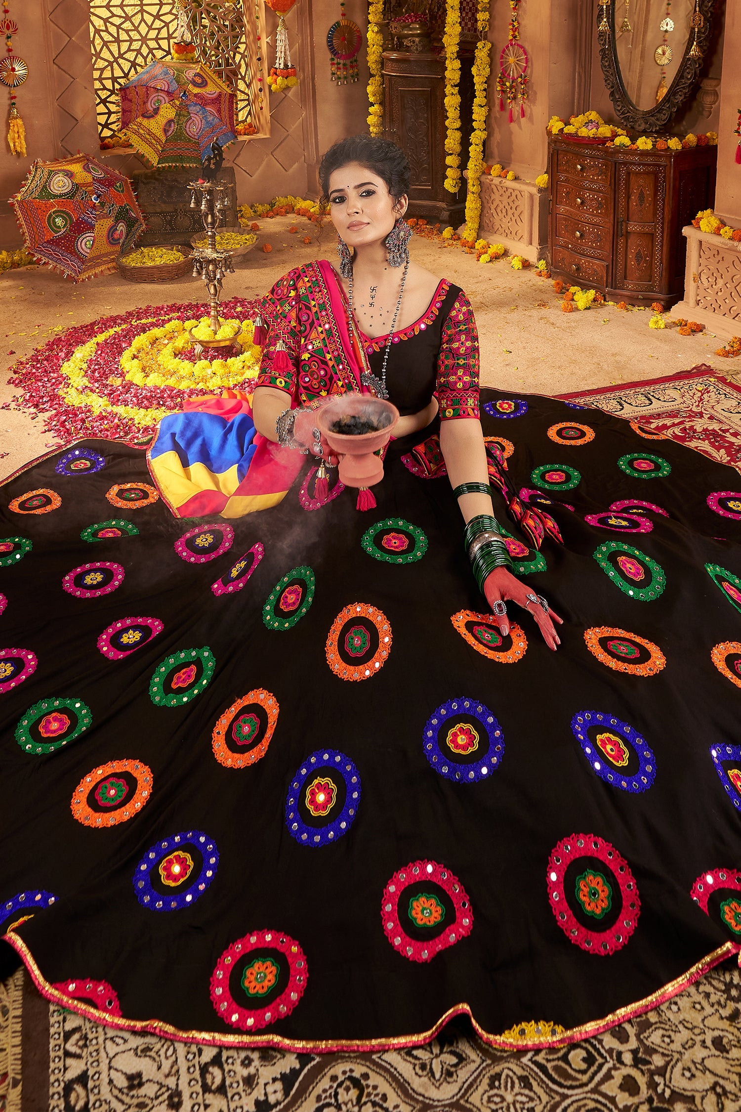 Black Viscose Cotton Mirror Embroidered Flared Chaniya Choli