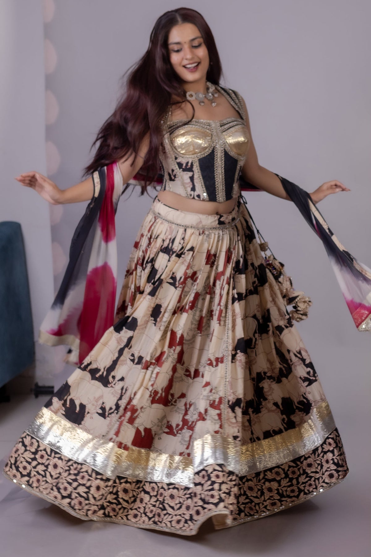 Beige and Multi Colored Cotton Flared Chaniya Choli