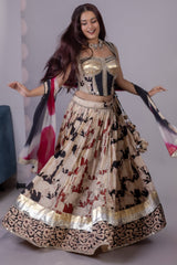 Beige and Multi Colored Cotton Flared Chaniya Choli