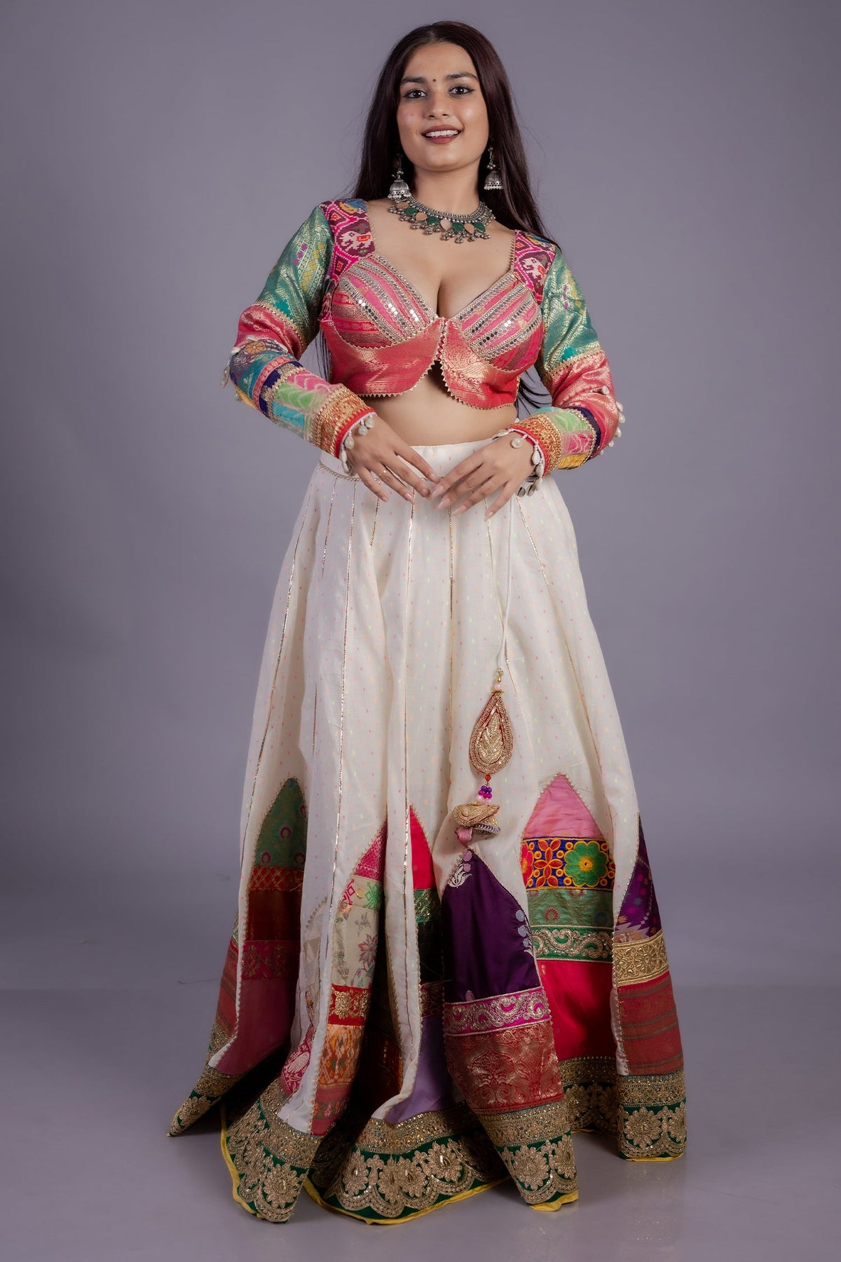 Pearl White Cotton Patch Worked Lehenga with Lace Work
